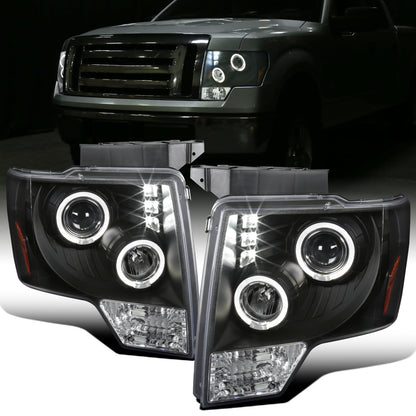 2009-2014 Ford F150 Upgraded Replacement LED Dual Rims Projector Halogen Headlights Assembly Pair | Black