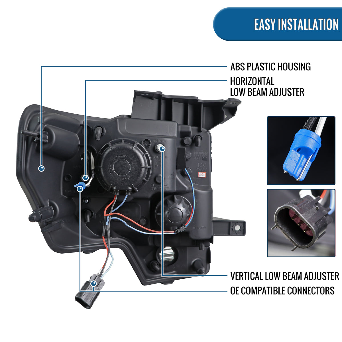 Ronnin - Fits 2009-2014 Ford F150 Pickup Truck Upgraded Replacement LED Tubes Projector Halogen Headlights Assembly Pair | Black