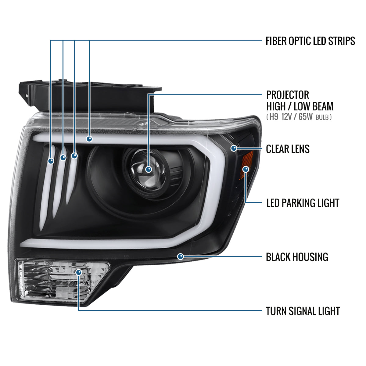 Ronnin - Fits 2009-2014 Ford F150 Pickup Truck Upgraded Replacement LED Tubes Projector Halogen Headlights Assembly Pair | Black