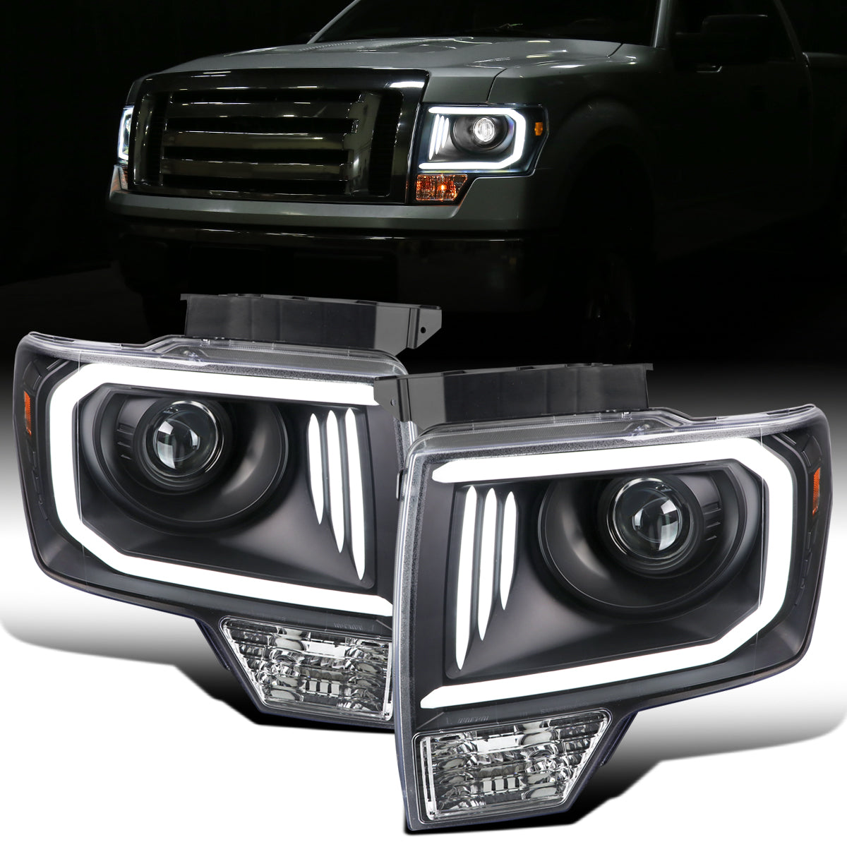 Ronnin - Fits 2009-2014 Ford F150 Pickup Truck Upgraded Replacement LED Tubes Projector Halogen Headlights Assembly Pair | Black