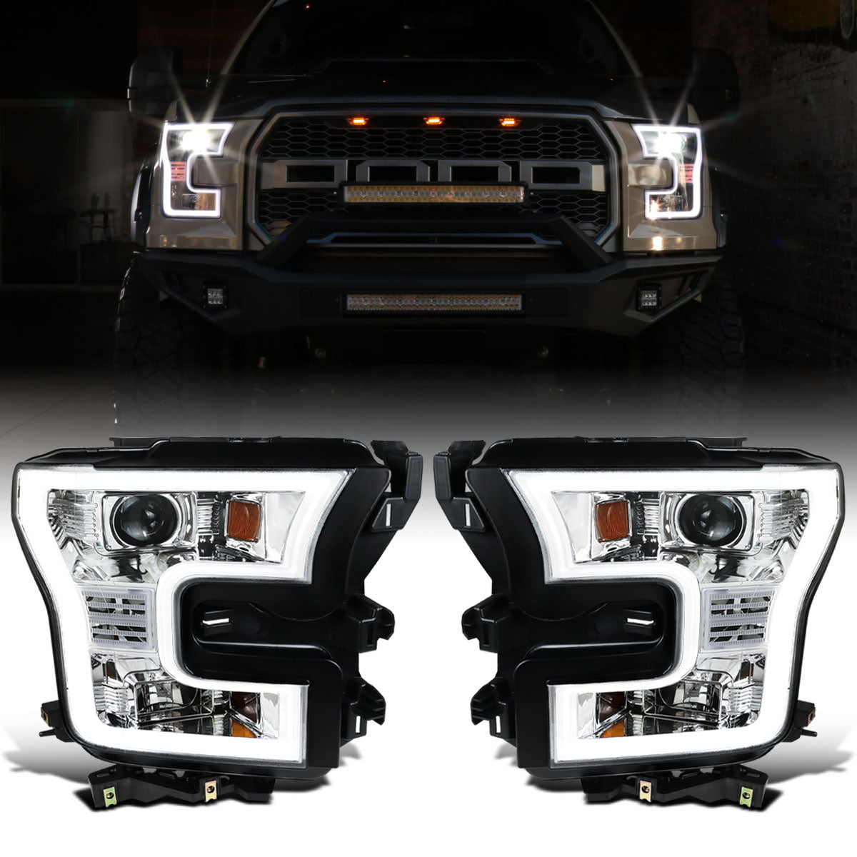 Ronnin - Fits 2015-2017 Ford F150 Upgraded Replacement LED Projector Headlights Assembly Pair | Chrome
