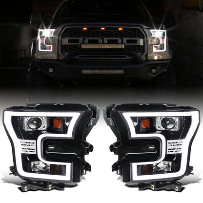 Ronnin - Fits 2015-2017 Ford F150 Upgraded Replacement LED Projector Headlights Assembly Pair | Gloss Black
