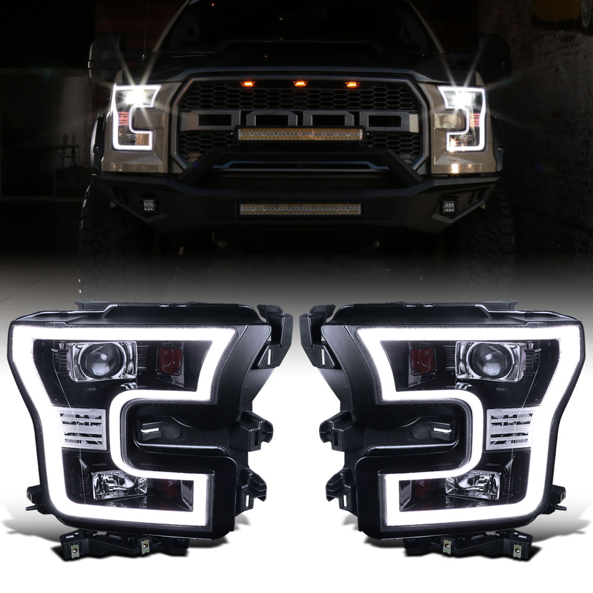 Ronnin - Fits 2015-2017 Ford F150 Upgraded Replacement LED Projector Headlights Assembly Pair | Black Smoke