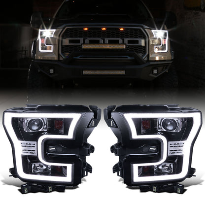 Ronnin - Fits 2015-2017 Ford F150 Upgraded Replacement LED Projector Headlights Assembly Pair | Black Smoke