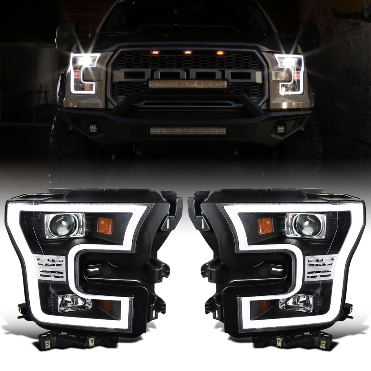 Ronnin - Fits 2015-2017 Ford F150 Upgraded Replacement LED Projector Headlights Assembly Pair | Black
