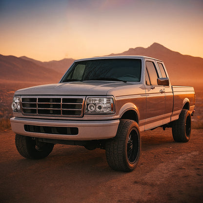 Ronnin - Compatible con Ford F150 F250 F350 Bronco de 1992-1996, faros delanteros con proyector LED de doble aro de repuesto y mejora, par | Cromado