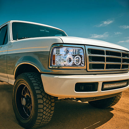Ronnin - Compatible con Ford F150 F250 F350 Bronco de 1992-1996, faros delanteros con proyector LED de doble aro de repuesto y mejora, par | Cromado