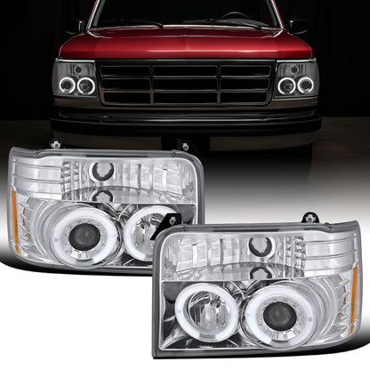 Ronnin - Compatible con Ford F150 F250 F350 Bronco de 1992-1996, faros delanteros con proyector LED de doble aro de repuesto y mejora, par | Cromado