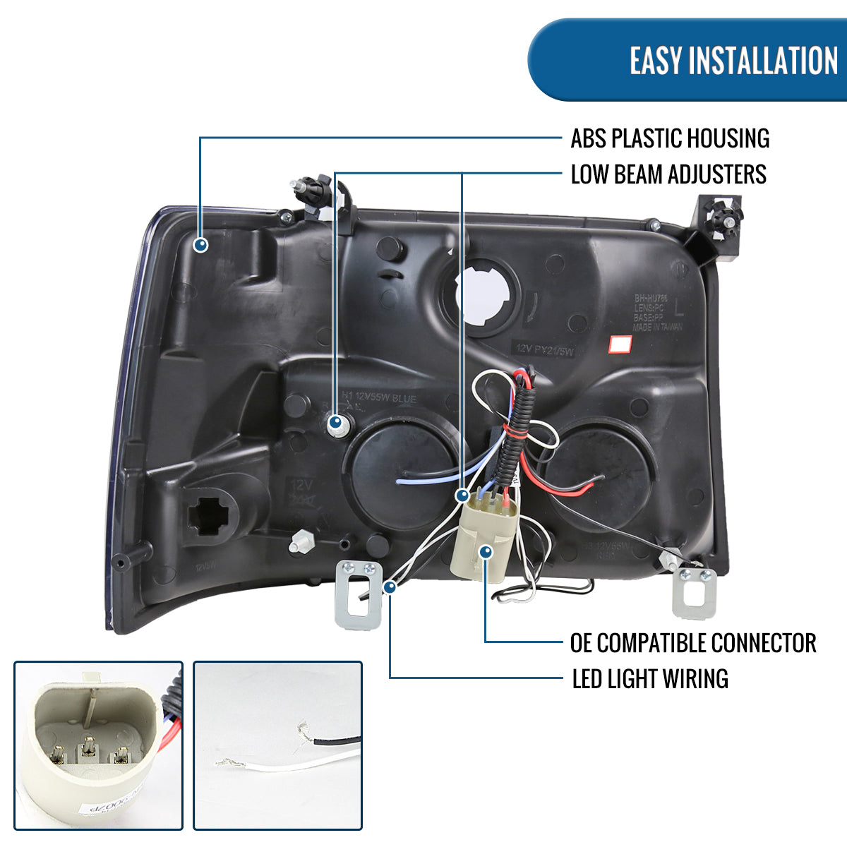 Ronnin - Compatible con Ford F150 F250 F350 Bronco de 1992-1996, faros delanteros de proyector LED de doble aro de repuesto y mejora, par | Negro