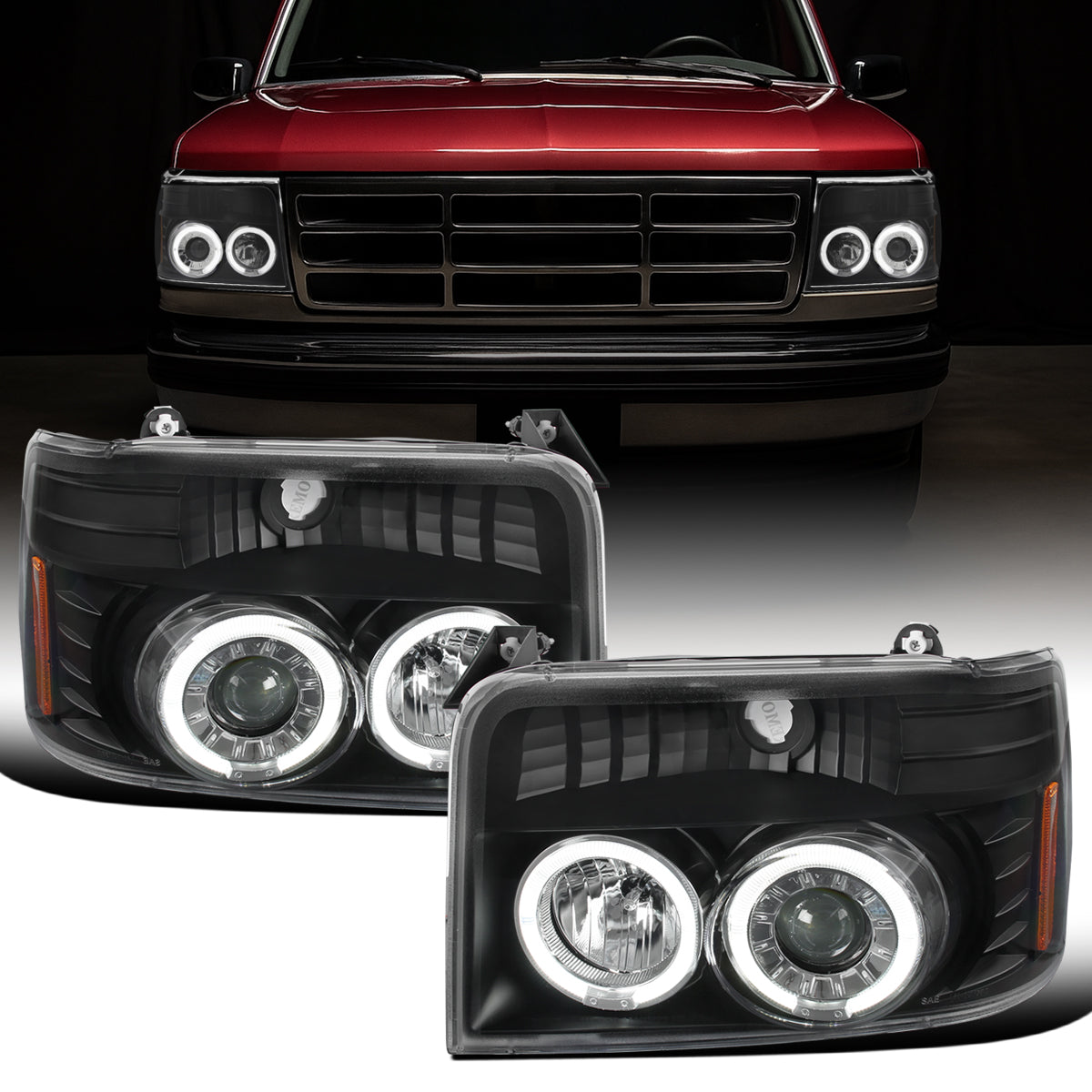 Ronnin - Compatible con Ford F150 F250 F350 Bronco de 1992-1996, faros delanteros de proyector LED de doble aro de repuesto y mejora, par | Negro