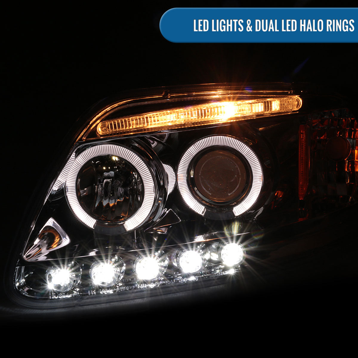 Ronnin - Fits 1997-2004 Ford F150 1997-2002 Ford Expedition Upgrade Replacement LED Dual Rims Projector Headlights Assembly Pair | Chrome