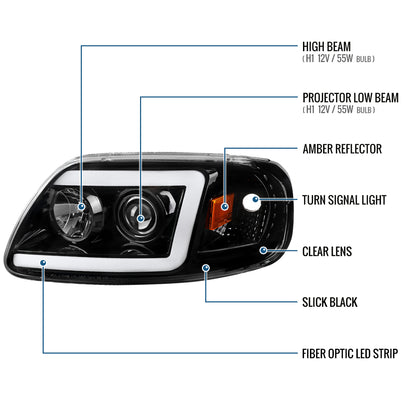 Ronnin - Fits 1997-2003 Ford F150 Expedition 2004 F150 Heritage All-in-One Upgraded Replacement LED Tube Running Lights Projector Headlights Assembly Pair | Gloss Black