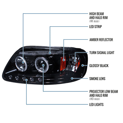 Ronnin - Fits 1997-2004 Ford F150 1997-2002 Ford Expedition Upgrade Replacement LED Dual Rims Projector Headlights Assembly Pair | Black Smoke
