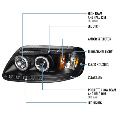 Ronnin - Fits 1997-2004 Ford F150 1997-2002 Ford Expedition Upgrade Replacement LED Dual Rims Projector Headlights Assembly Pair | Black