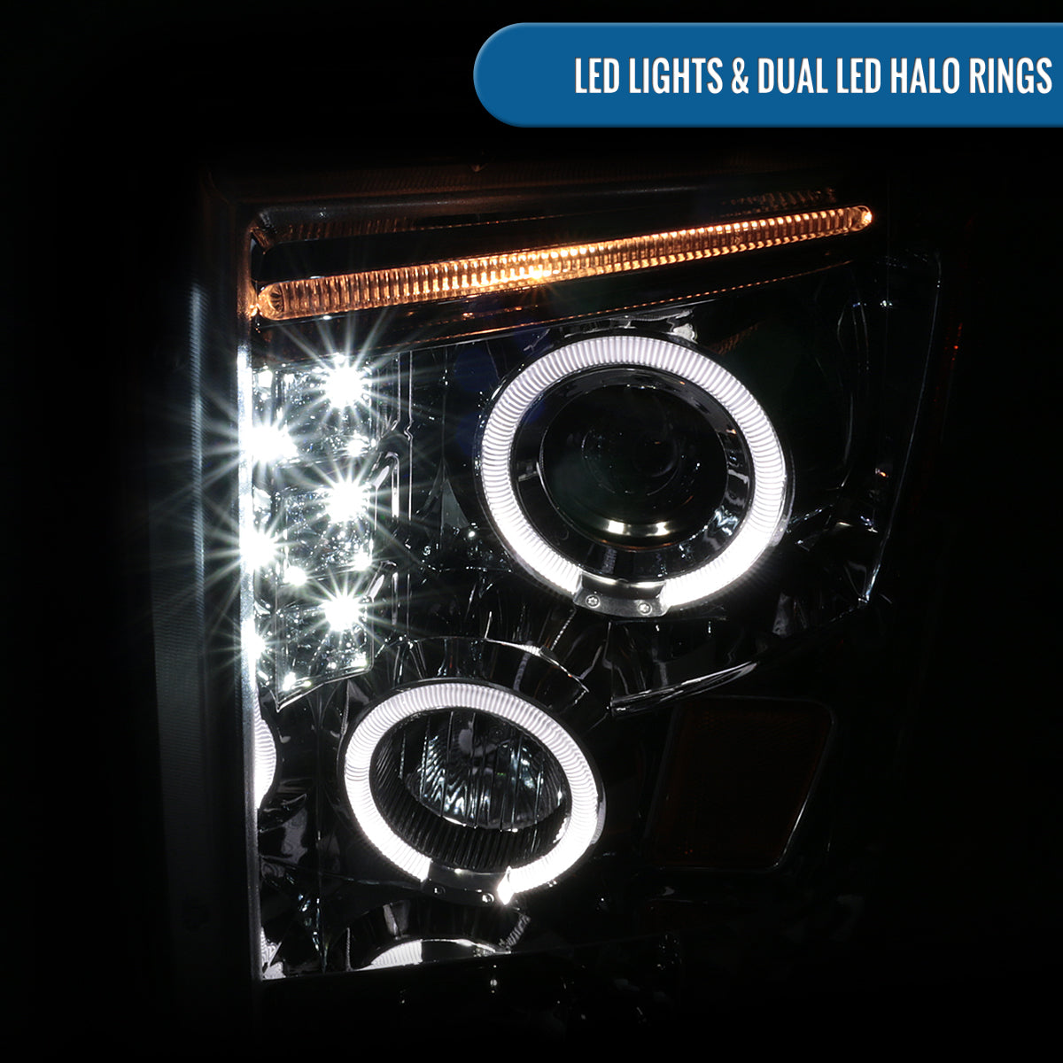 Ronnin - Se adapta a Ford F250 F350 F450 F550 2008-2010 Par de faros delanteros con proyector de doble aro LED de repuesto mejorado | Cromo