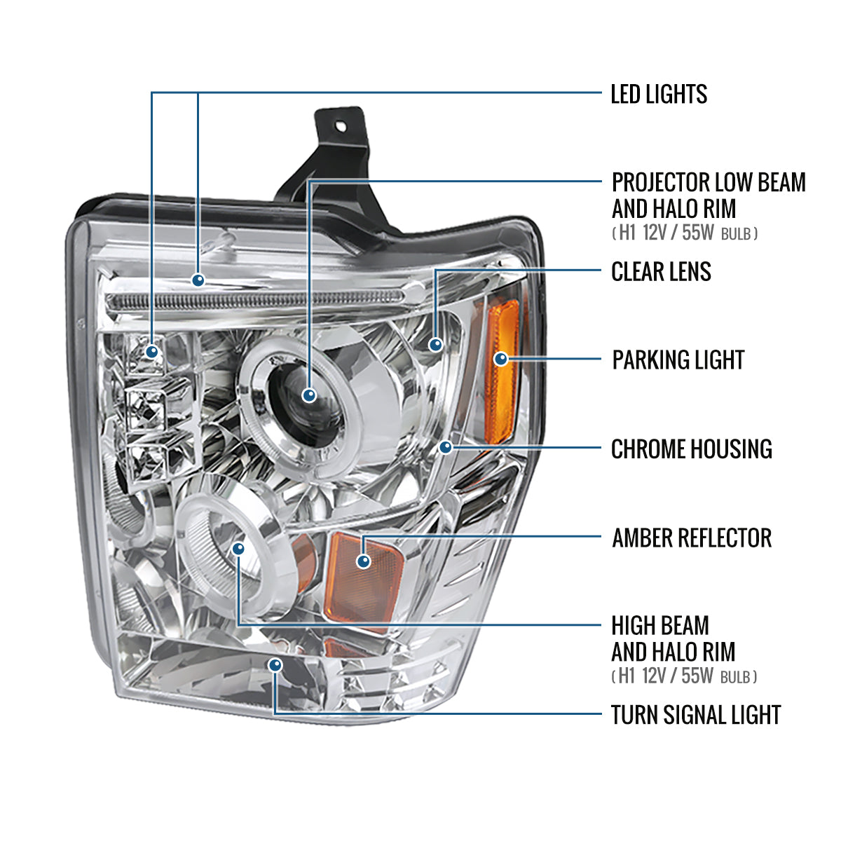 Ronnin - Se adapta a Ford F250 F350 F450 F550 2008-2010 Par de faros delanteros con proyector de doble aro LED de repuesto mejorado | Cromo