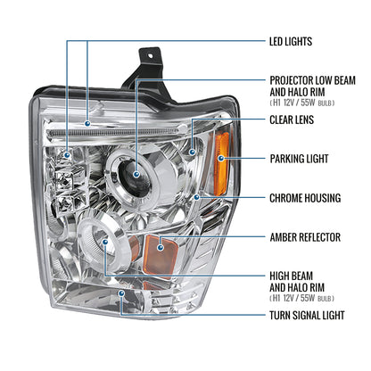 Ronnin - Se adapta a Ford F250 F350 F450 F550 2008-2010 Par de faros delanteros con proyector de doble aro LED de repuesto mejorado | Cromo