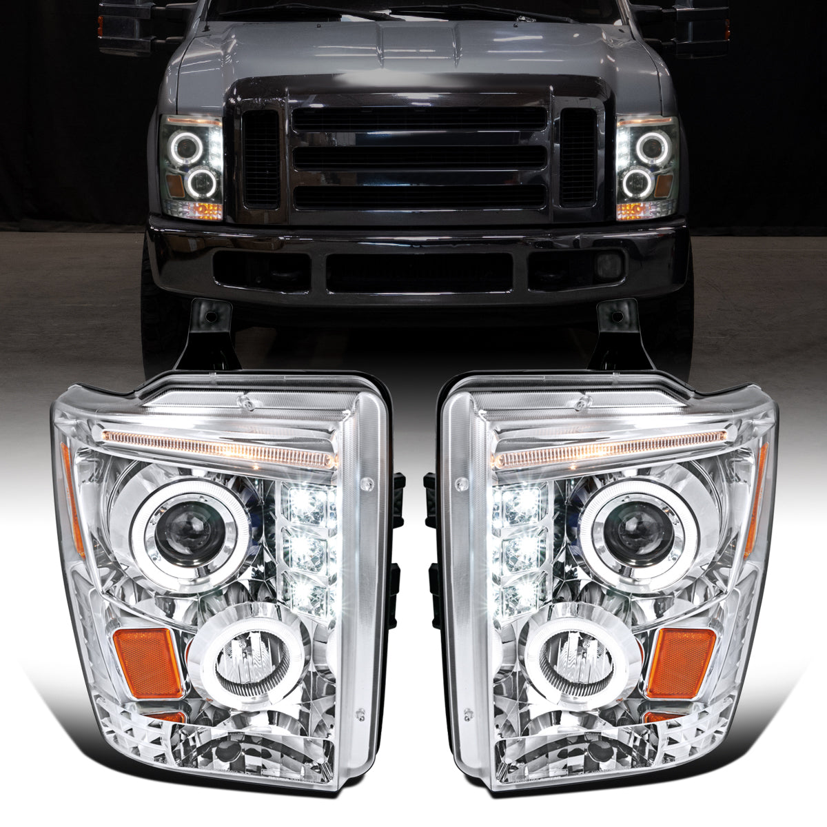 Ronnin - Se adapta a Ford F250 F350 F450 F550 2008-2010 Par de faros delanteros con proyector de doble aro LED de repuesto mejorado | Cromo