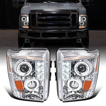 Ronnin - Se adapta a Ford F250 F350 F450 F550 2008-2010 Par de faros delanteros con proyector de doble aro LED de repuesto mejorado | Cromo