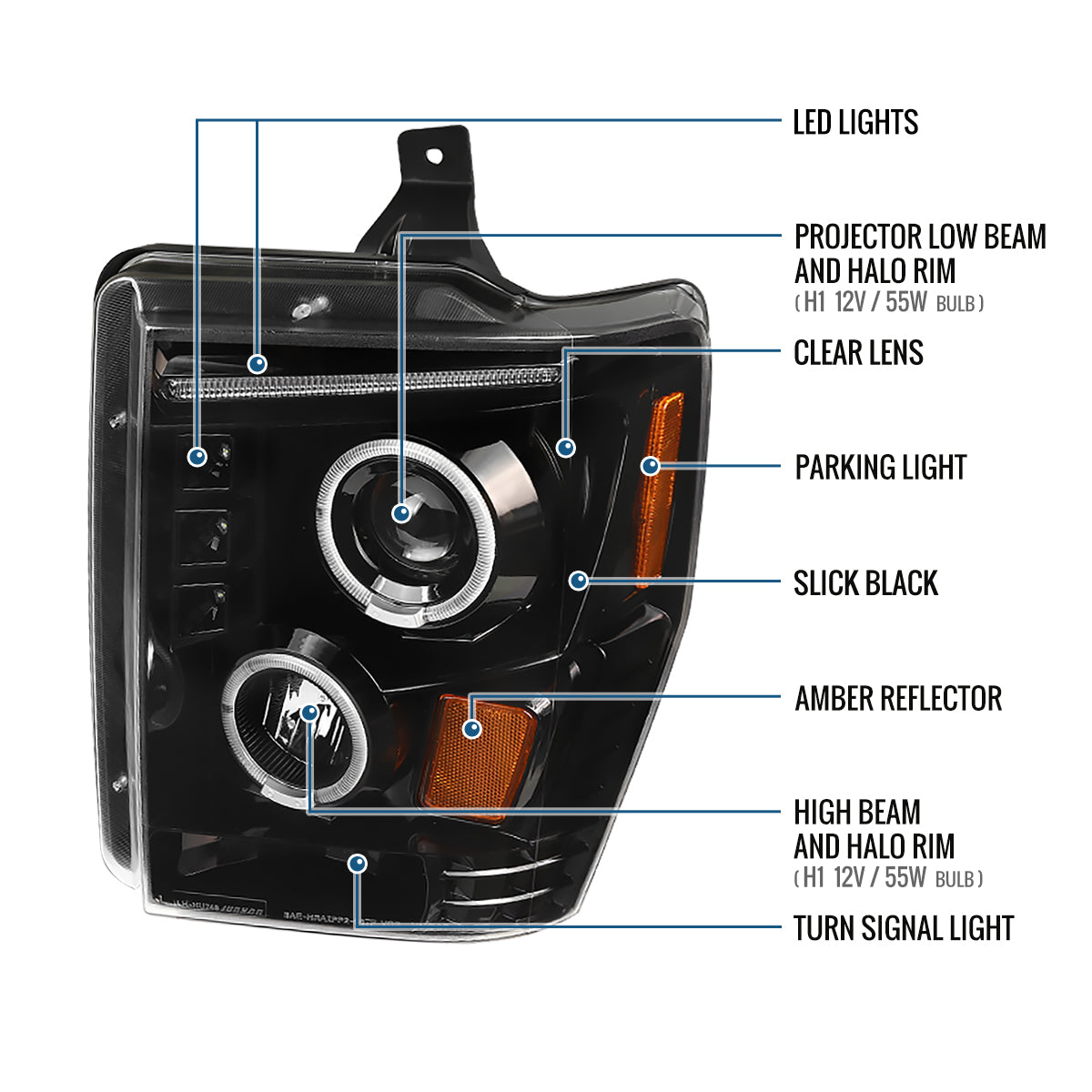 Ronnin - Compatible con Ford F250 F350 F450 F550 2008-2010 Proyectores de faros delanteros LED de doble aro de repuesto mejorados | Negro Brillante