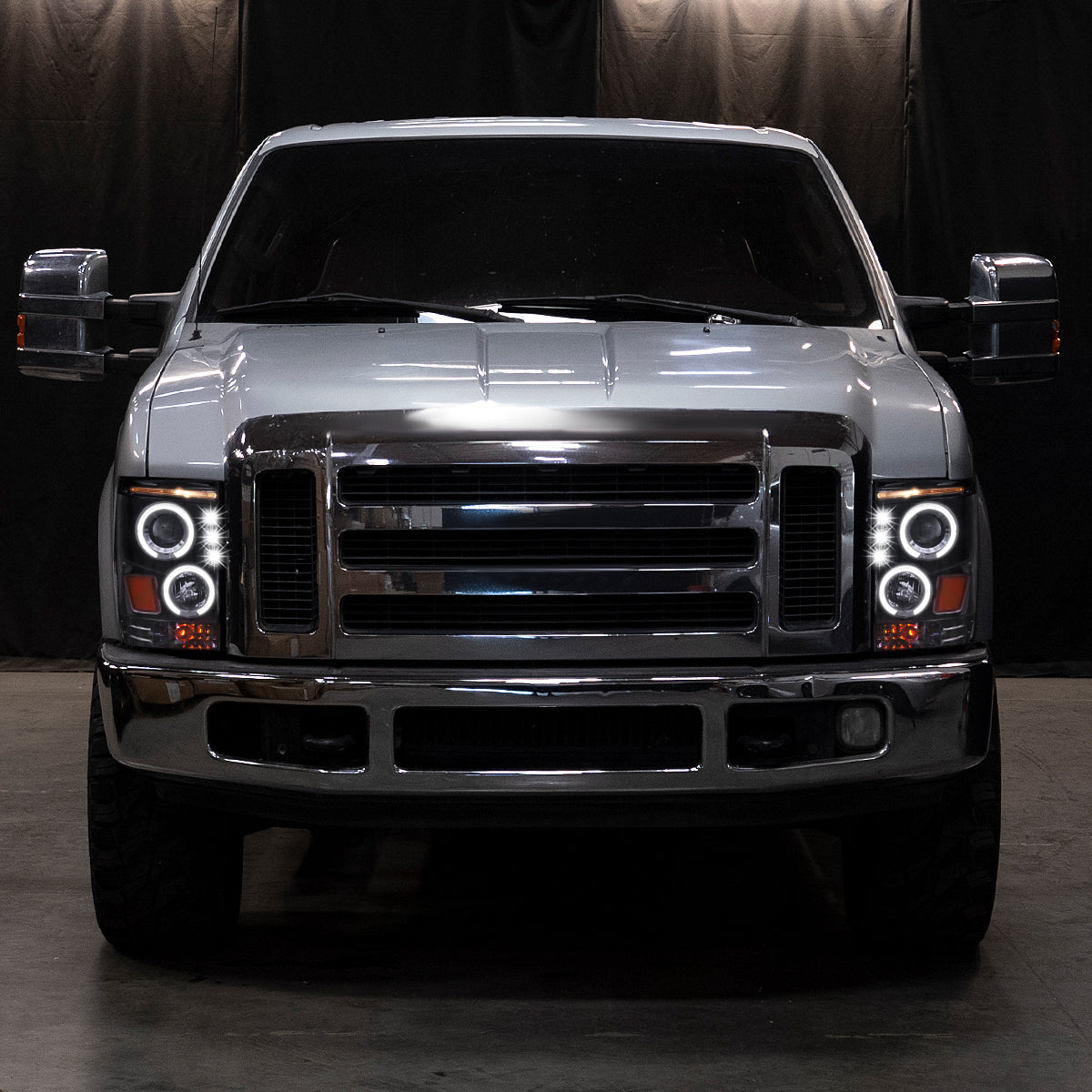 Ronnin - Compatible con Ford F250 F350 F450 F550 2008-2010 Proyectores de faros delanteros LED de doble aro de repuesto mejorados | Negro Brillante