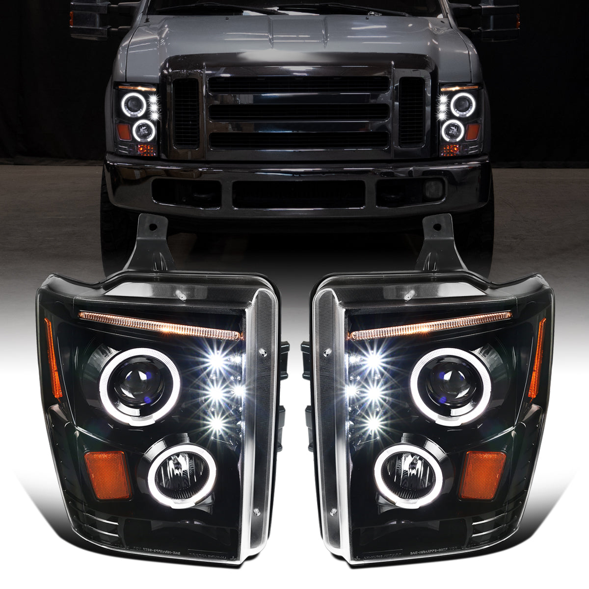 Ronnin - Compatible con Ford F250 F350 F450 F550 2008-2010 Proyectores de faros delanteros LED de doble aro de repuesto mejorados | Negro Brillante