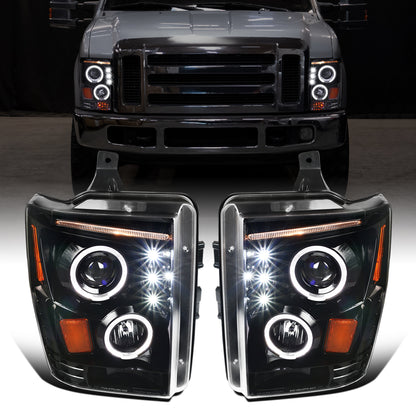 Ronnin - Compatible con Ford F250 F350 F450 F550 2008-2010 Proyectores de faros delanteros LED de doble aro de repuesto mejorados | Negro Brillante