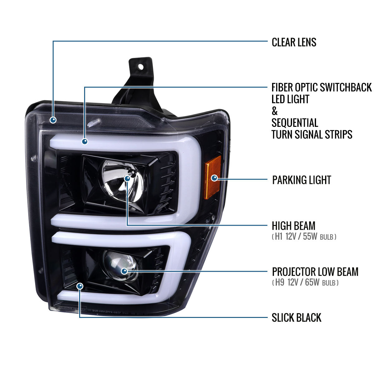 Ronnin - Fits 2008-2010 Ford F250 F350 F450 F550 Super Duty Upgraded LED Tube Switchback Sequential Turn Signals Projector Headlights Assembly Pair | Gloss Black