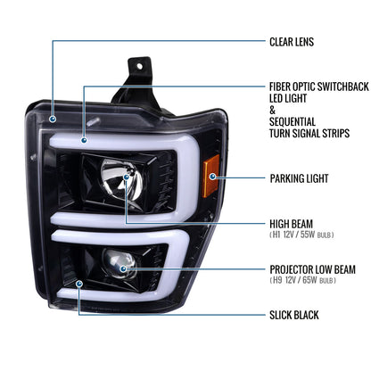 Ronnin - Fits 2008-2010 Ford F250 F350 F450 F550 Super Duty Upgraded LED Tube Switchback Sequential Turn Signals Projector Headlights Assembly Pair | Gloss Black