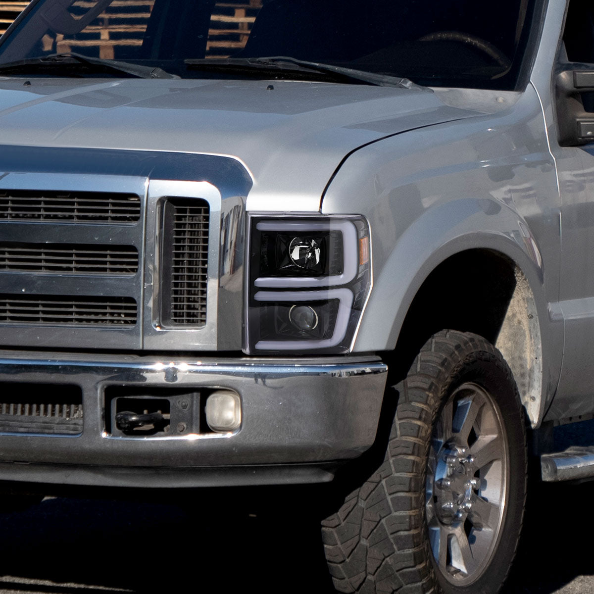 Ronnin - Fits 2008-2010 Ford F250 F350 F450 F550 Super Duty Upgraded LED Tube Switchback Sequential Turn Signals Projector Headlights Assembly Pair | Gloss Black