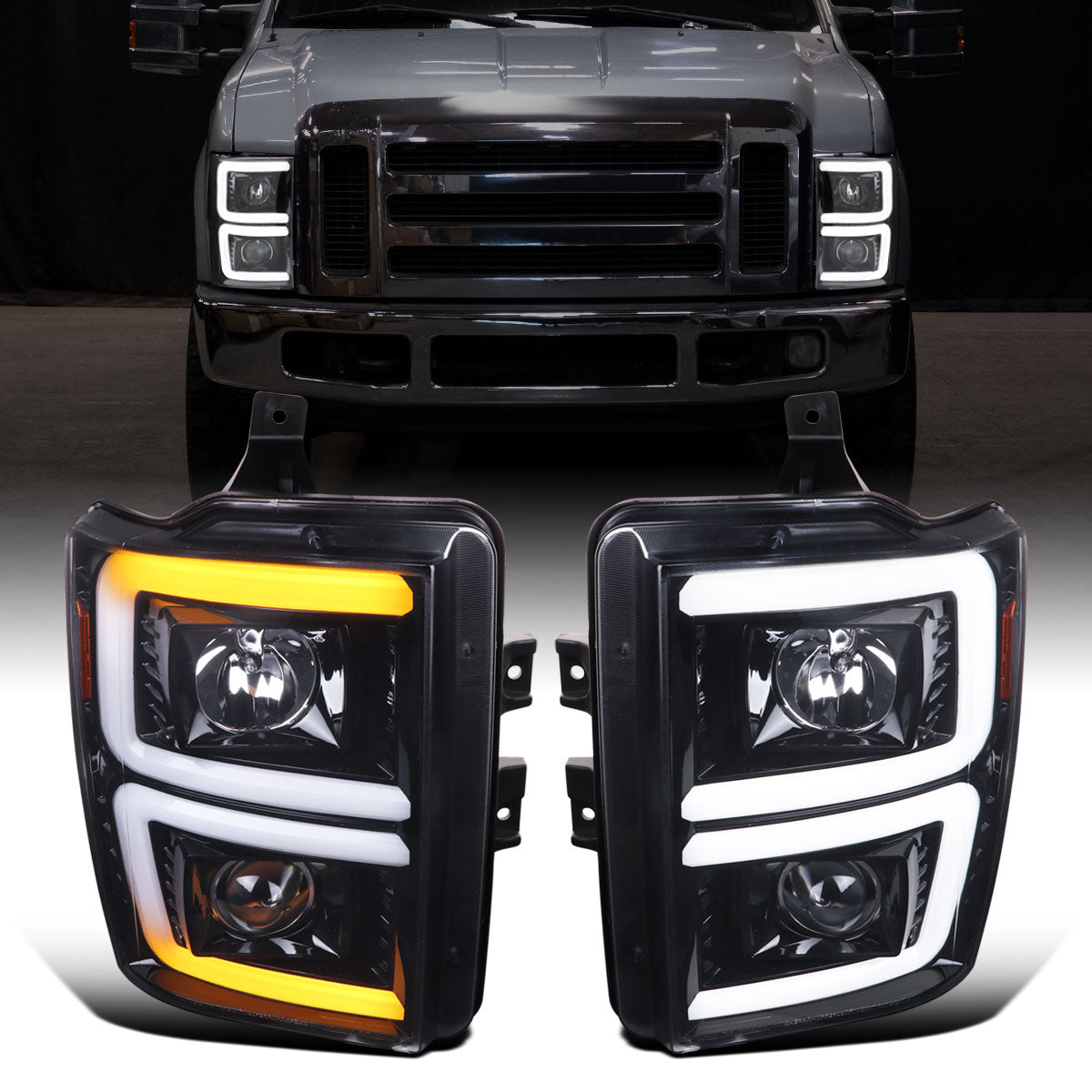 Ronnin - Fits 2008-2010 Ford F250 F350 F450 F550 Super Duty Upgraded LED Tube Switchback Sequential Turn Signals Projector Headlights Assembly Pair | Gloss Black