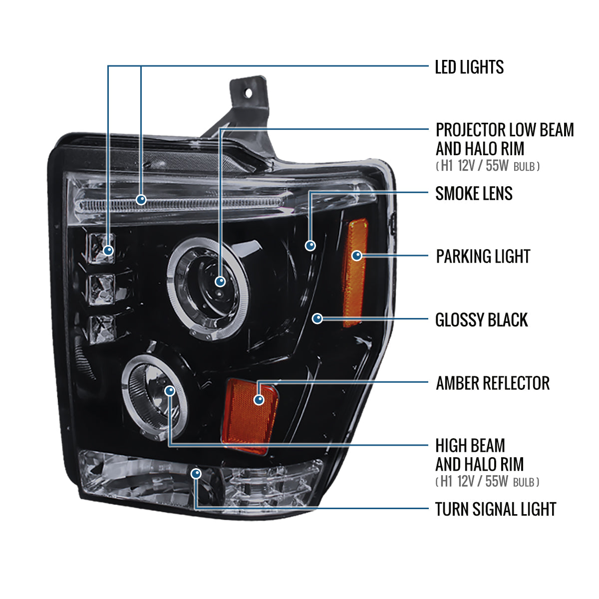 Ronnin - Compatible con Ford F250 F350 F450 F550 2008-2010 Proyectores LED de doble aro de repuesto mejorados para faros delanteros ensamblados (par) | Negro ahumado