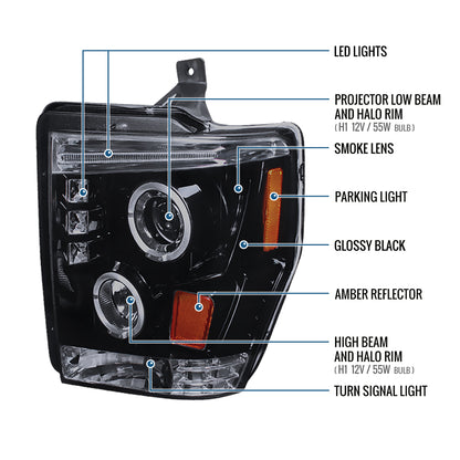 Ronnin - Compatible con Ford F250 F350 F450 F550 2008-2010 Proyectores LED de doble aro de repuesto mejorados para faros delanteros ensamblados (par) | Negro ahumado