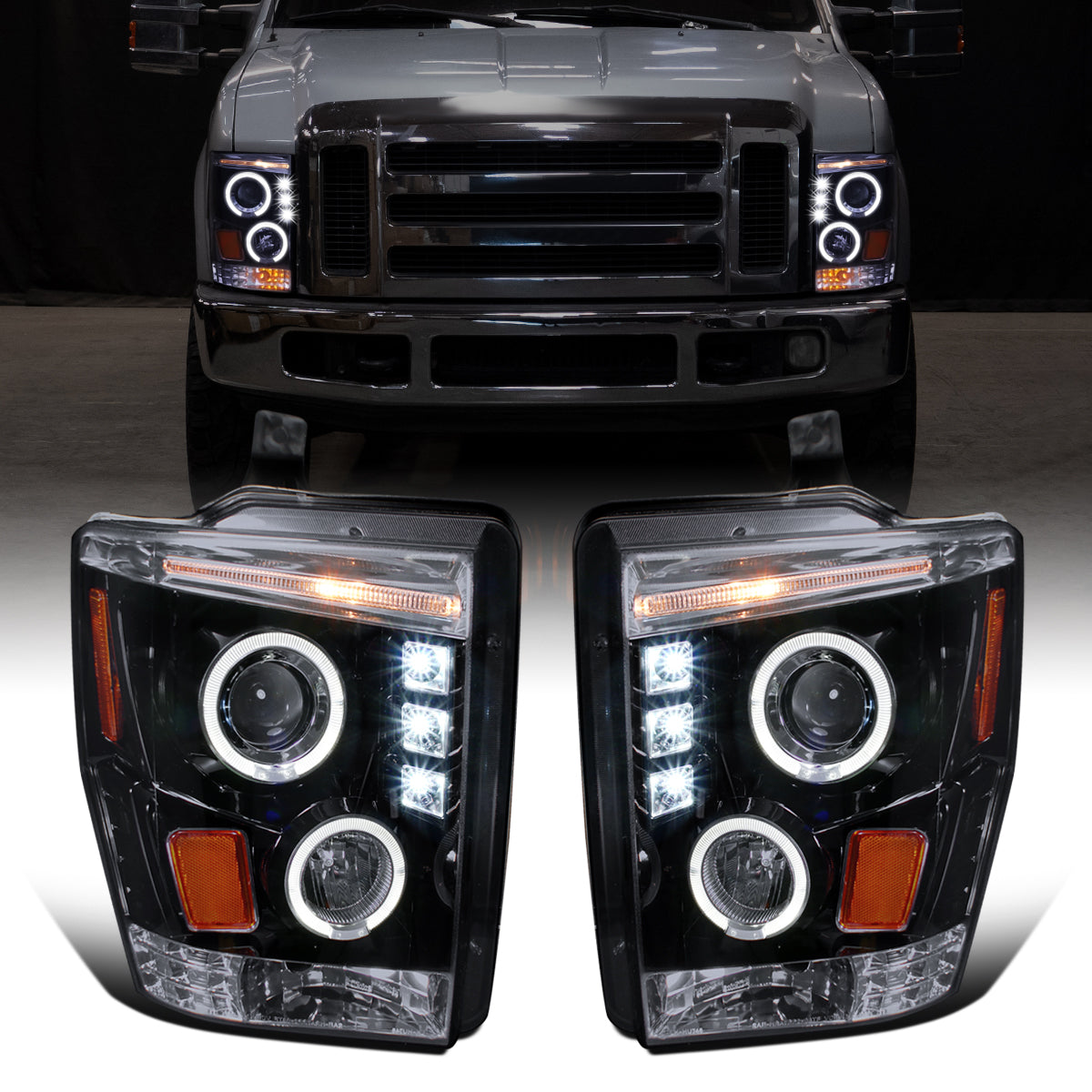 Ronnin - Compatible con Ford F250 F350 F450 F550 2008-2010 Proyectores LED de doble aro de repuesto mejorados para faros delanteros ensamblados (par) | Negro ahumado