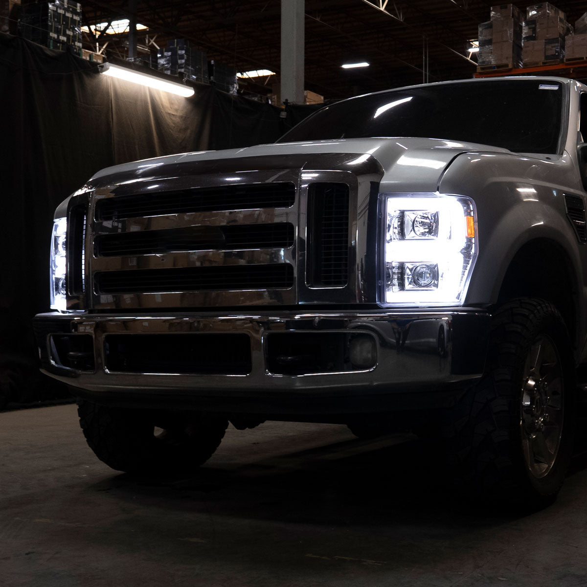 Ronnin - Fits 2008-2010 Ford F250 F350 F450 F550 Super Duty Upgraded LED Tube Switchback Sequential Turn Signals Projector Headlights Assembly Pair | Chrome