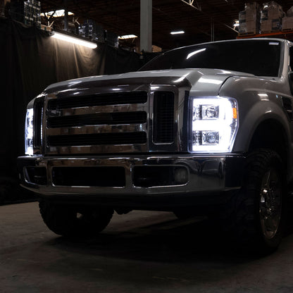 Ronnin - Fits 2008-2010 Ford F250 F350 F450 F550 Super Duty Upgraded LED Tube Switchback Sequential Turn Signals Projector Headlights Assembly Pair | Chrome