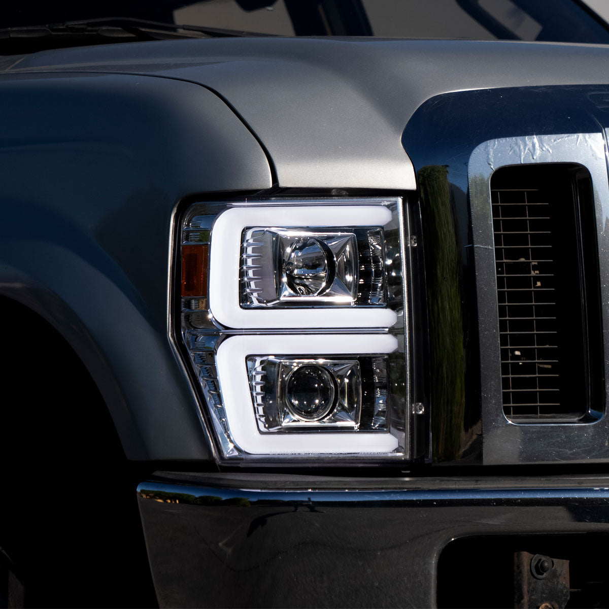 Ronnin - Fits 2008-2010 Ford F250 F350 F450 F550 Super Duty Upgraded LED Tube Switchback Sequential Turn Signals Projector Headlights Assembly Pair | Chrome