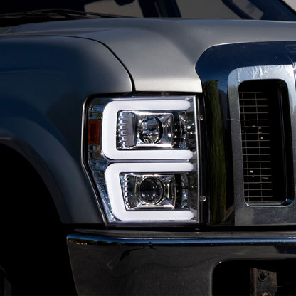 Ronnin - Fits 2008-2010 Ford F250 F350 F450 F550 Super Duty Upgraded LED Tube Switchback Sequential Turn Signals Projector Headlights Assembly Pair | Chrome