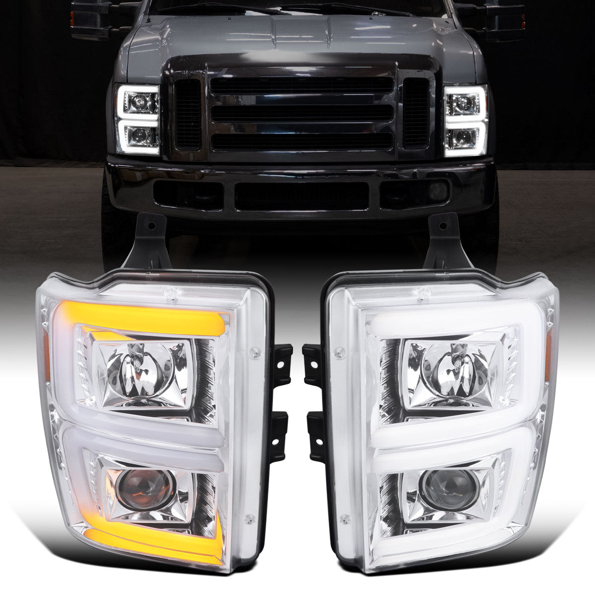 Ronnin - Fits 2008-2010 Ford F250 F350 F450 F550 Super Duty Upgraded LED Tube Switchback Sequential Turn Signals Projector Headlights Assembly Pair | Chrome