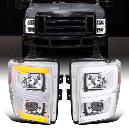 Ronnin - Fits 2008-2010 Ford F250 F350 F450 F550 Super Duty Upgraded LED Tube Switchback Sequential Turn Signals Projector Headlights Assembly Pair | Chrome