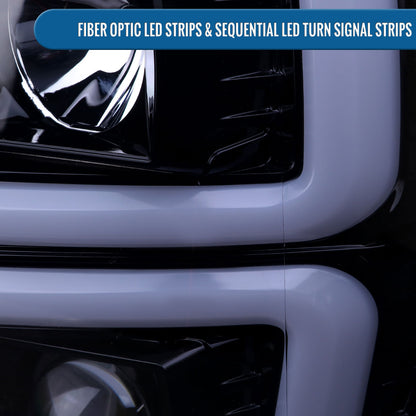 Ronnin - Fits 2008-2010 Ford F250 F350 F450 F550 Super Duty Upgraded LED Tube Switchback Sequential Turn Signals Projector Headlights Assembly Pair | Smoke