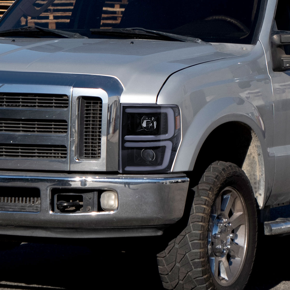 Ronnin - Fits 2008-2010 Ford F250 F350 F450 F550 Super Duty Upgraded LED Tube Switchback Sequential Turn Signals Projector Headlights Assembly Pair | Smoke