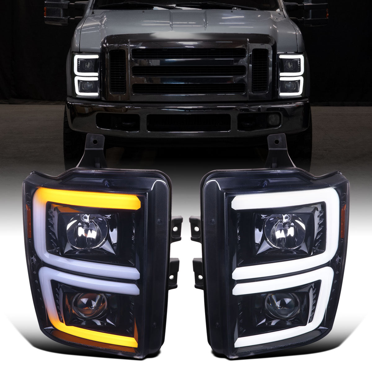 Ronnin - Fits 2008-2010 Ford F250 F350 F450 F550 Super Duty Upgraded LED Tube Switchback Sequential Turn Signals Projector Headlights Assembly Pair | Smoke