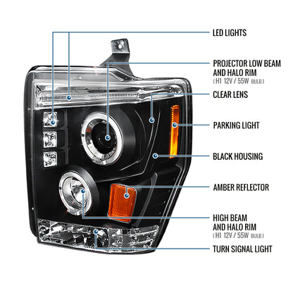 Ronnin - Conjunto de faros delanteros LED con proyectores de doble aro mejorados para Ford F250, F350, F450, F550 2008-2010 | Negro