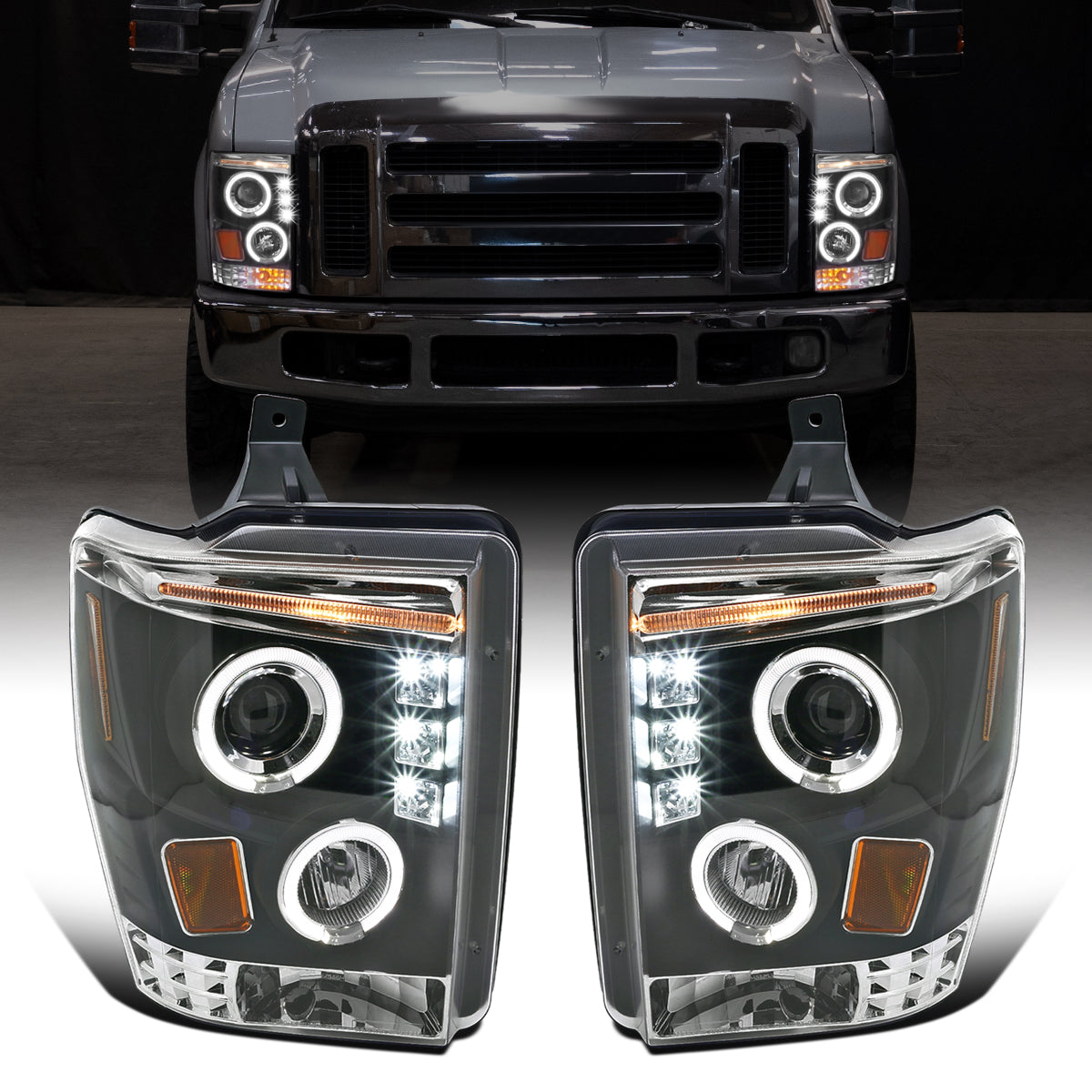 Ronnin - Conjunto de faros delanteros LED con proyectores de doble aro mejorados para Ford F250, F350, F450, F550 2008-2010 | Negro