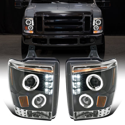 Ronnin - Conjunto de faros delanteros LED con proyectores de doble aro mejorados para Ford F250, F350, F450, F550 2008-2010 | Negro