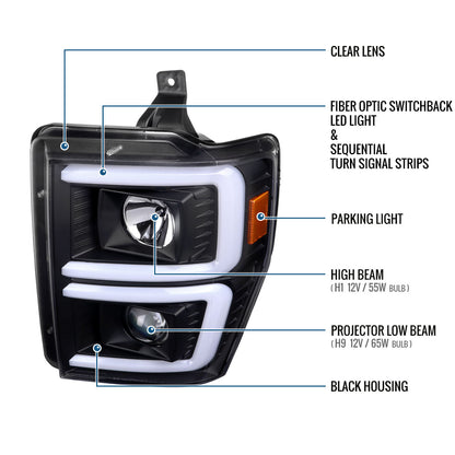 Ronnin - Fits 2008-2010 Ford F250 F350 F450 F550 Super Duty Upgraded LED Tube Switchback Sequential Turn Signals Projector Headlights Assembly Pair | Black