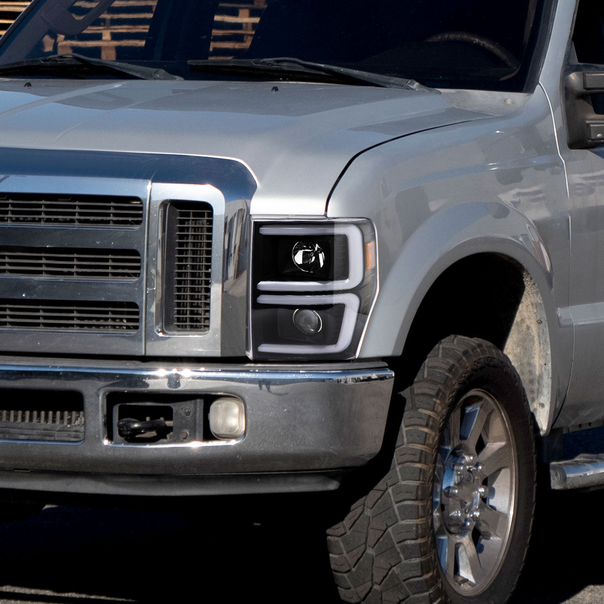 Ronnin - Fits 2008-2010 Ford F250 F350 F450 F550 Super Duty Upgraded LED Tube Switchback Sequential Turn Signals Projector Headlights Assembly Pair | Black