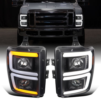 Ronnin - Fits 2008-2010 Ford F250 F350 F450 F550 Super Duty Upgraded LED Tube Switchback Sequential Turn Signals Projector Headlights Assembly Pair | Black
