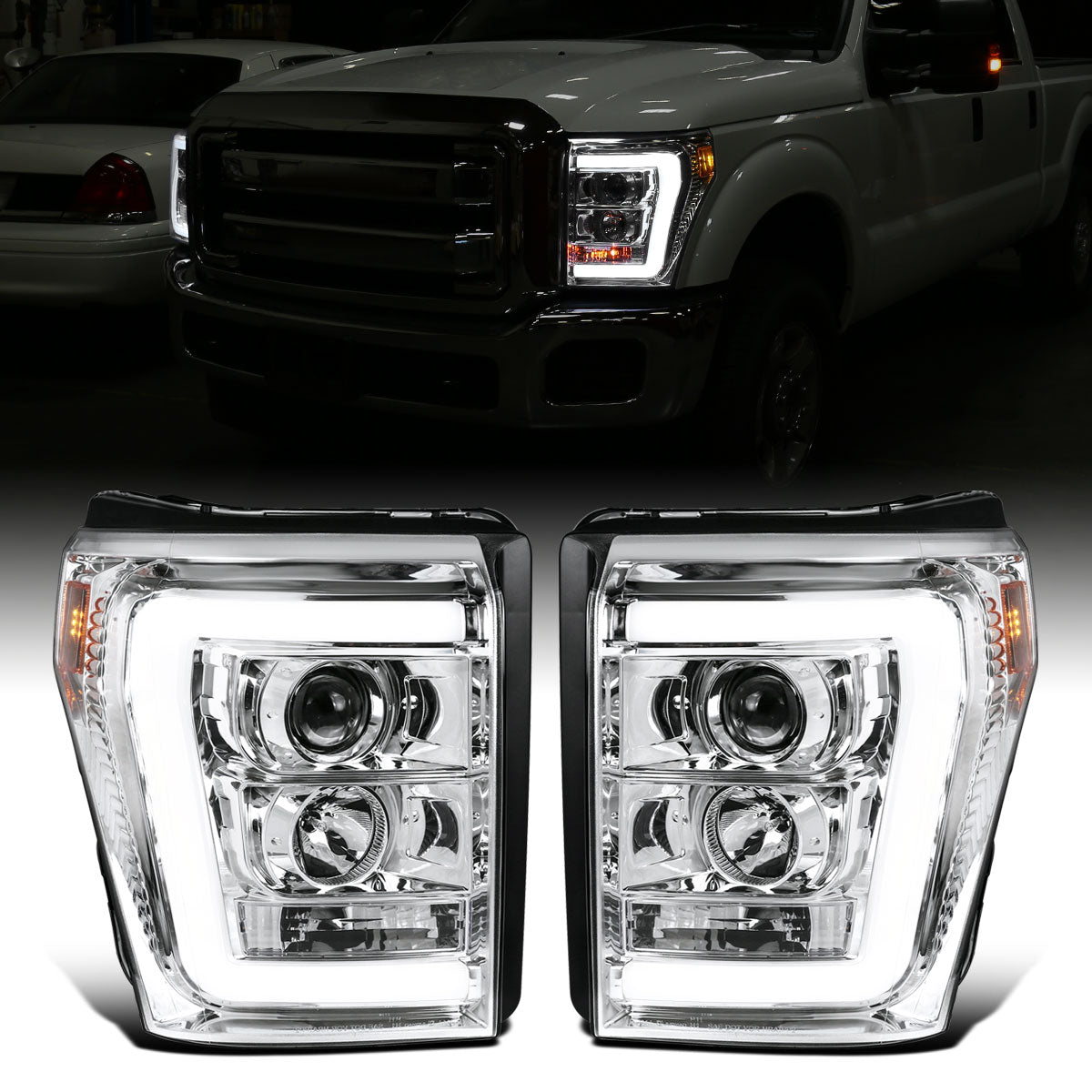 Ronnin - Fits 2011-2016 Ford F250 F350 F450 F550 Super Duty Upgraded Replacement LED Running Lights Projector Headlights Assembly Pair | Chrome